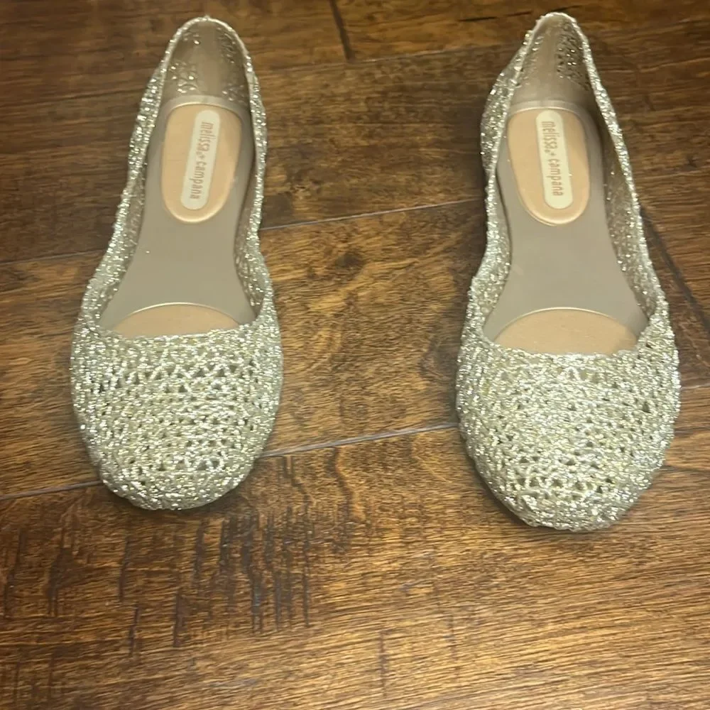 Melissa Gold Glitter Campana Papel Jelly Ballet Flats, size 6